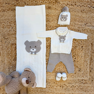 Uscita clinica neonato pura lana orsetto tortora con copertina e coordinato