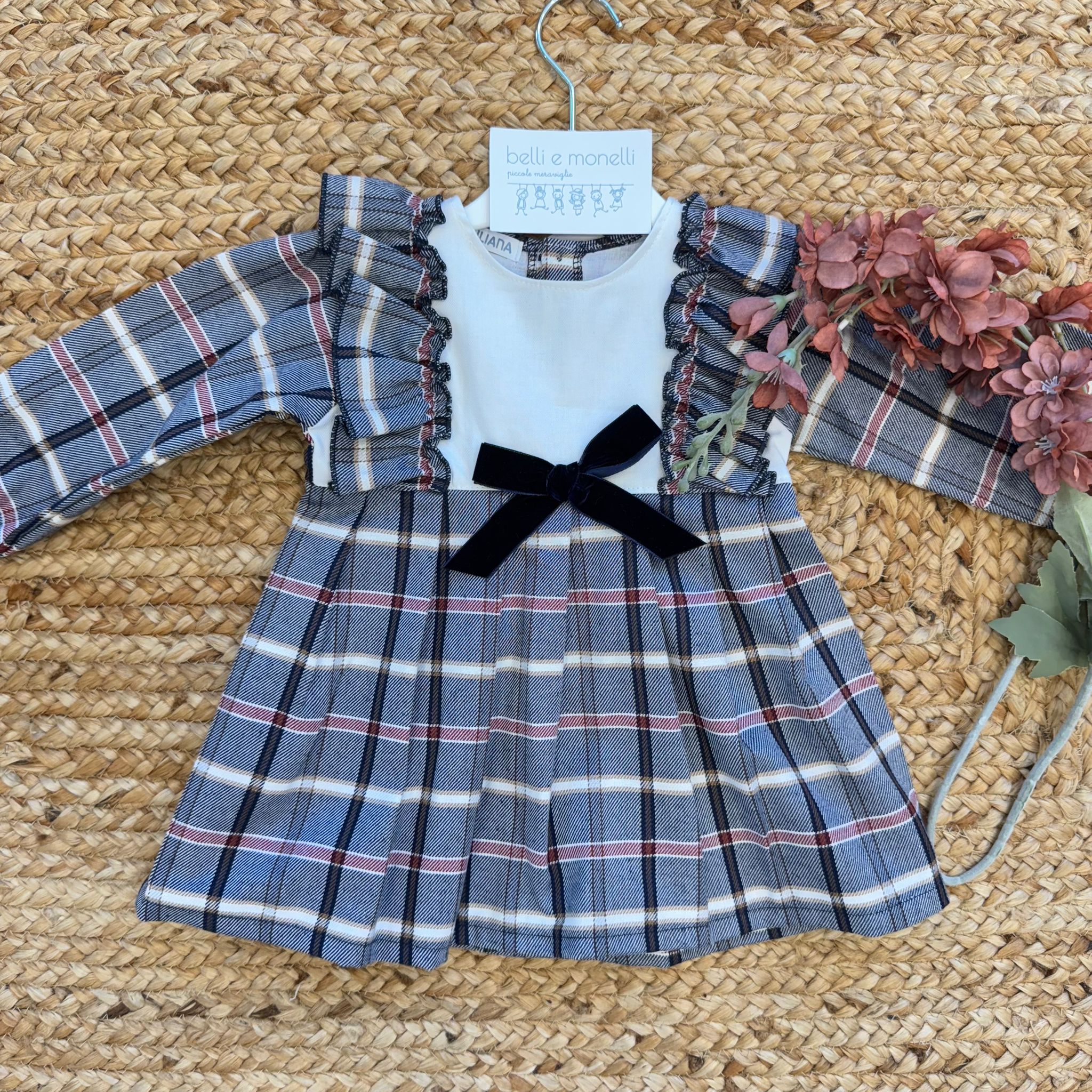 Vestito neonata a quadri con fiocco blu davanti