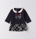 Vestito neonata blu con fiocco scozzese e colletto bianco