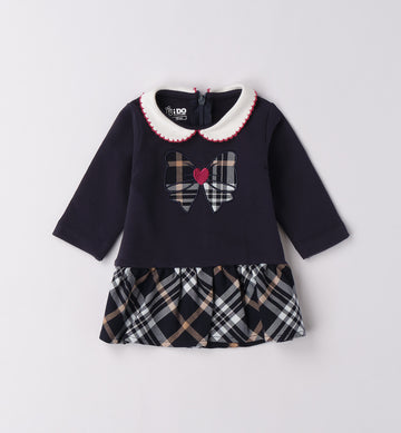 Vestito neonata blu con fiocco scozzese e colletto bianco