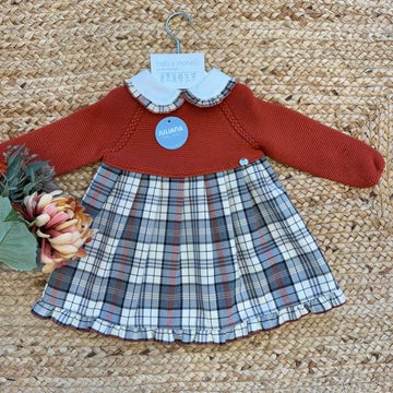 Vestito neonata scozzese con corpetto ruggine e colletto bianco
