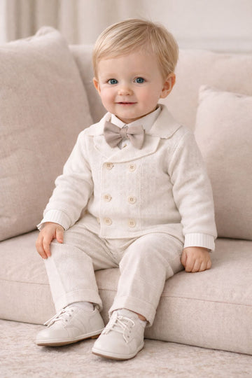 Completo battesimo neonato in cotone panna con pantalone beige