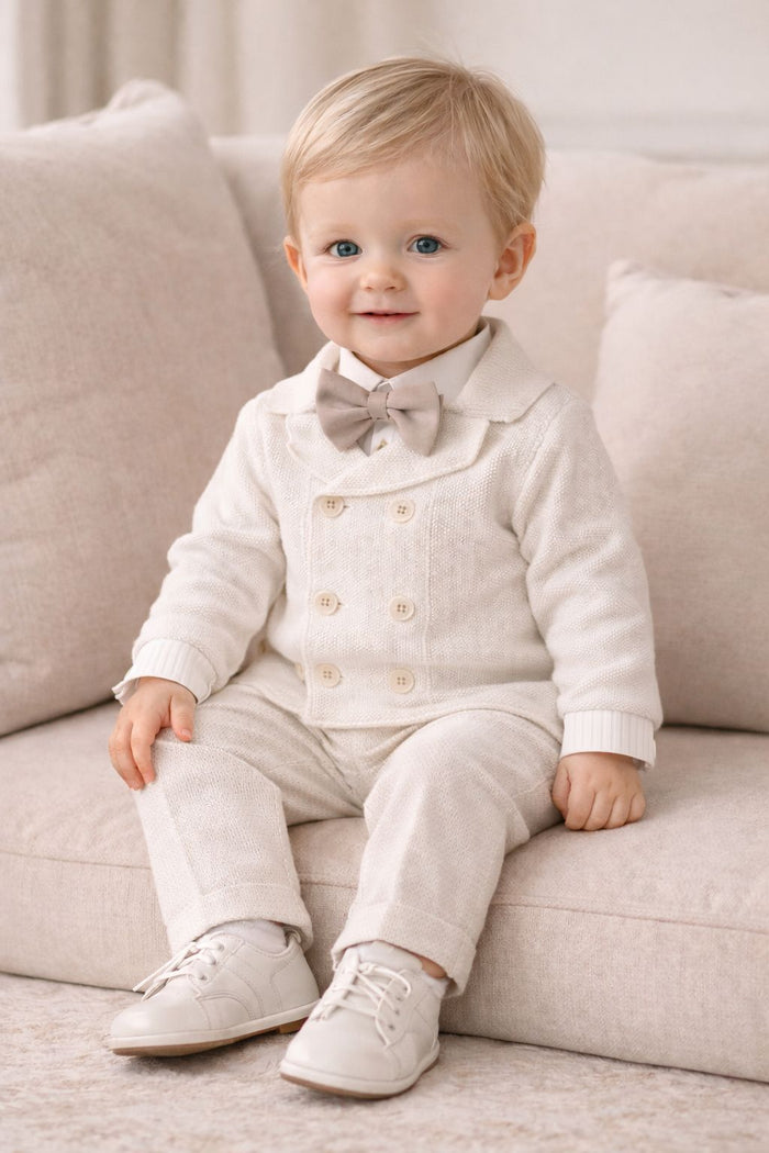 Completo battesimo neonato in cotone panna con pantalone beige