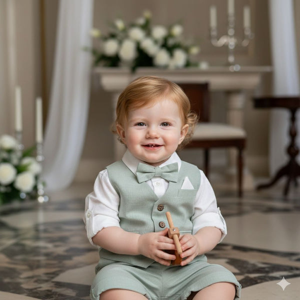 Completo battesimo neonato in cotone e lino verde salvia