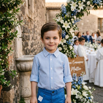 Completo bimbo camicia a righe azzurre e pantalone blu in cotone