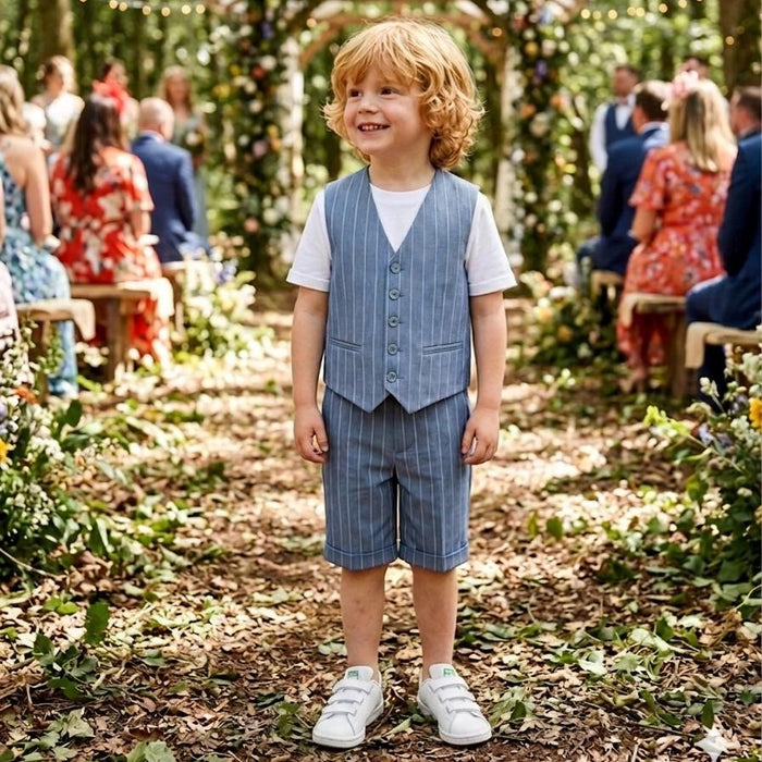 Completo bimbo elegante gilet e pantaloncino rigato con t-shirt in cotone