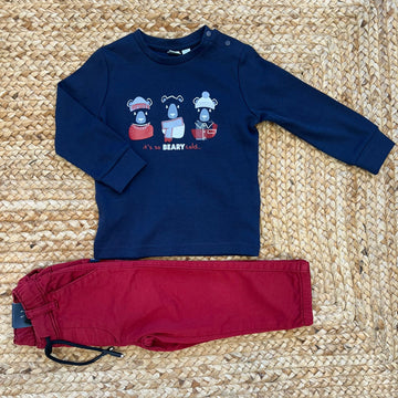 Completo bimbo blu con orsetti e pantalone rosso