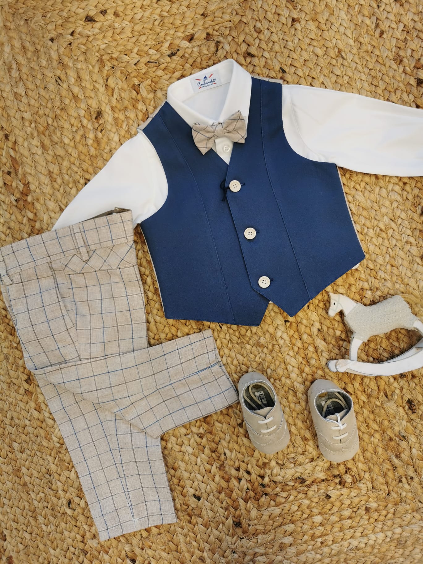 Completo battesimo bimbo blu e beige elegante