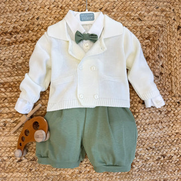 Completo battesimo bimbo verde salvia con bretelle e papillon