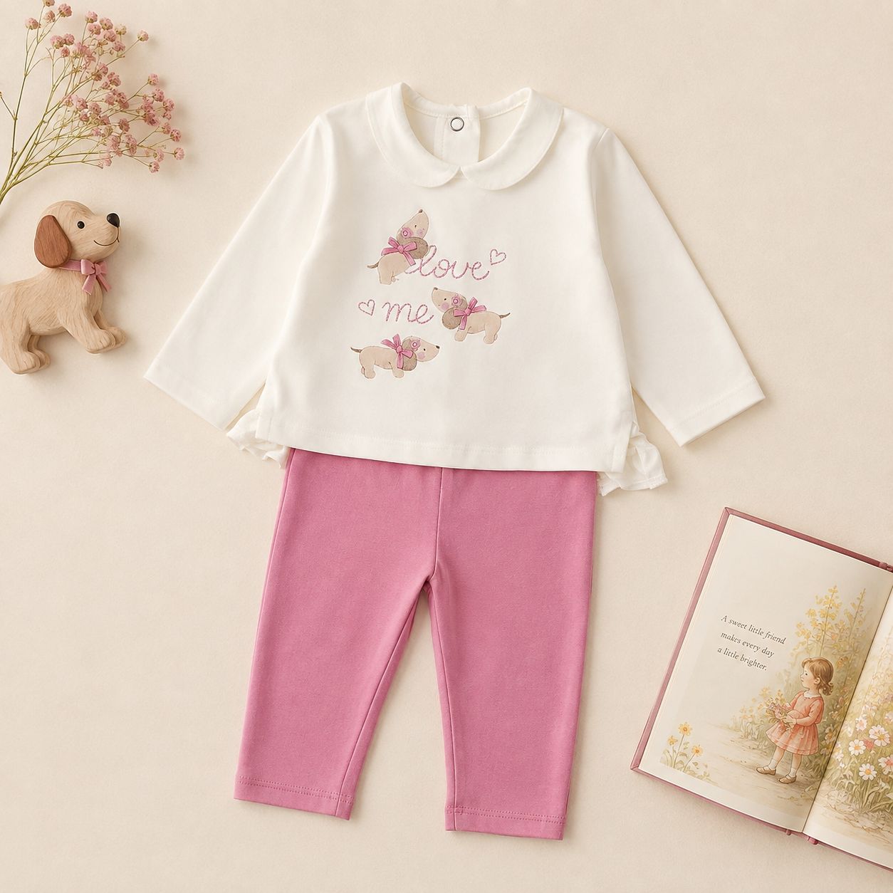 Completo bimba due pezzi con maglia in caldo cotone panna e gonna in tulle azzurro a balze