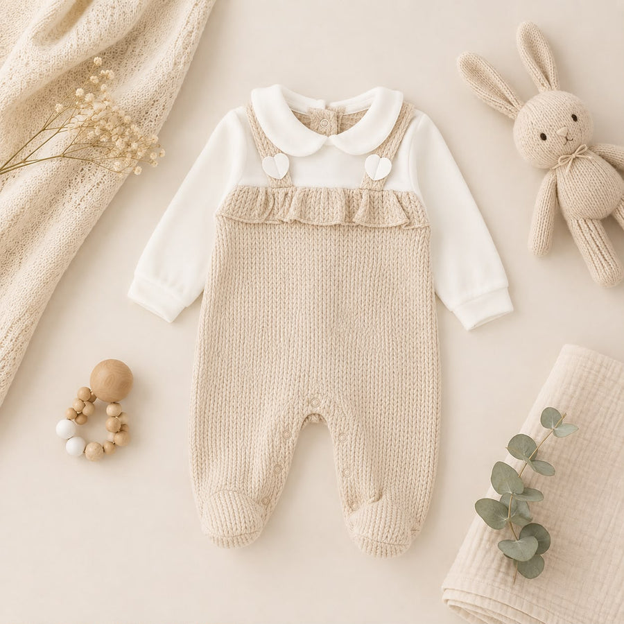 Tutina neonata in ciniglia beige con colletto