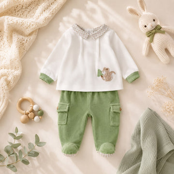 Completo nascita neonato in ciniglia verde e panna con pantalone con piedini e dettagli fantasia coordinati.