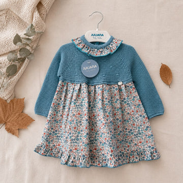 Abitino bimba in cotone verde acqua polveroso con corpetto a maglia, colletto arricciato e gonna floreale