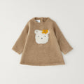 Abitino bimba beige effetto peluche con gattina bianca e fiocco sul davanti
