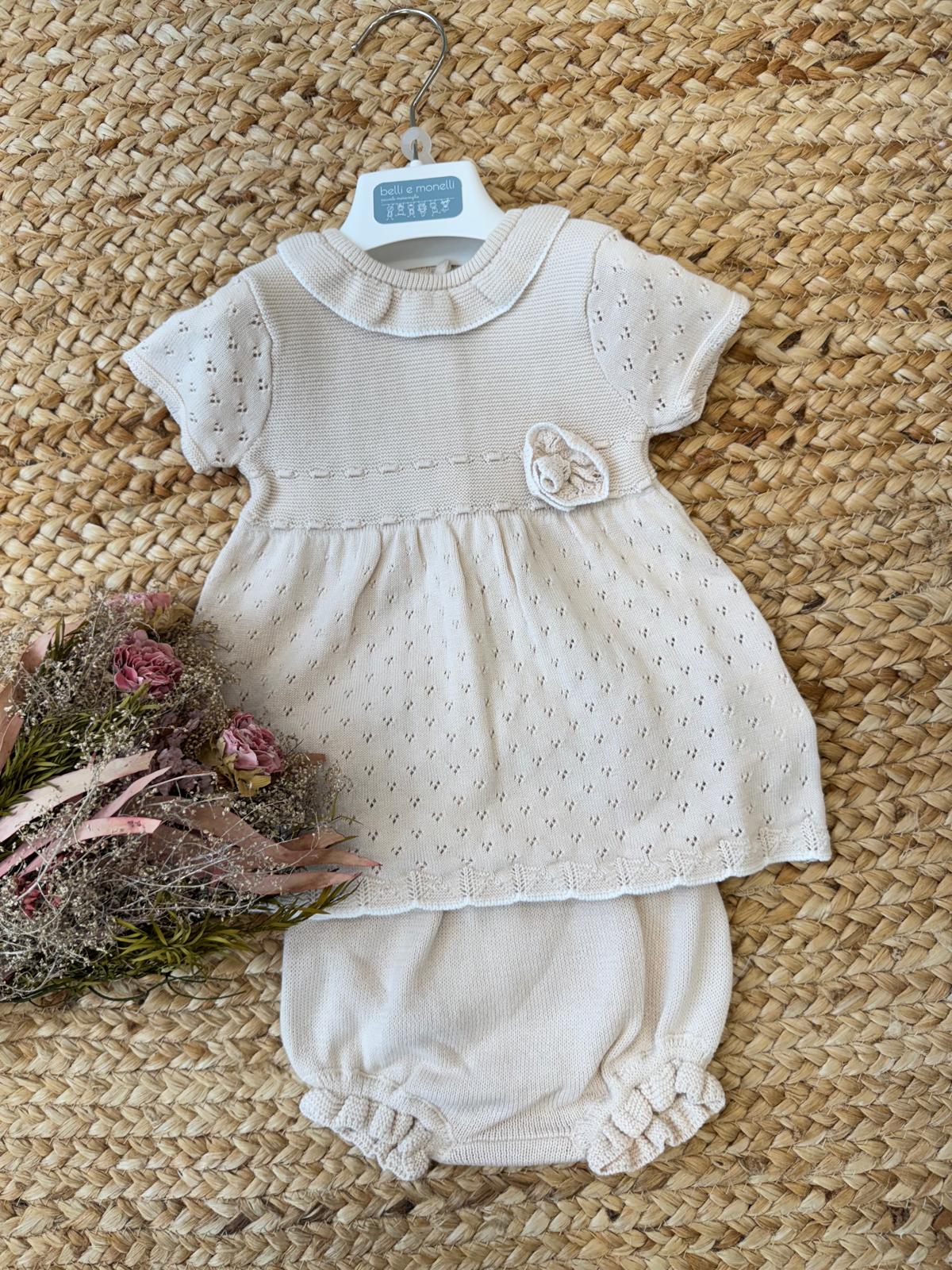 Abitino beige neonata 100% cotone con culotte coordinata