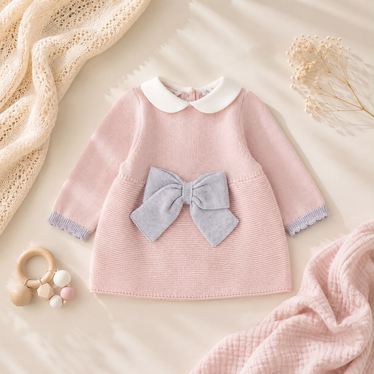 Vestitino neonata rosa in cotone e lana con dettagli grigi, colletto bianco e chiusura posteriore con bottoni.