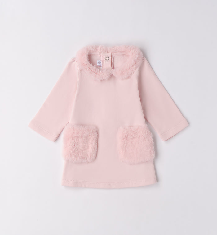 abitino neonata caldo cotone rosa fronte con colletto e taschine