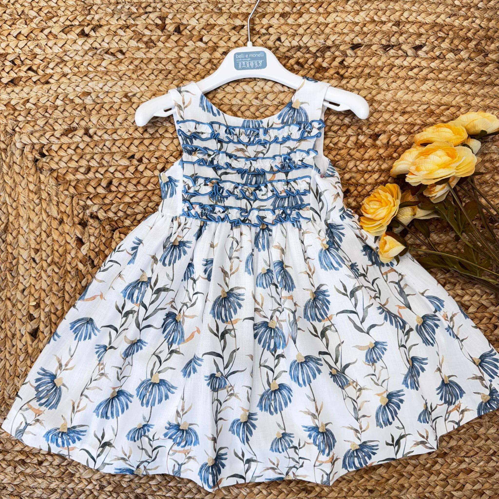 Abito bambina con stampa floreale azzurro polvere e giallo ocra