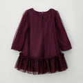 Abito bimba bordeaux in tulle con maniche lunghe velate e balza arricciata