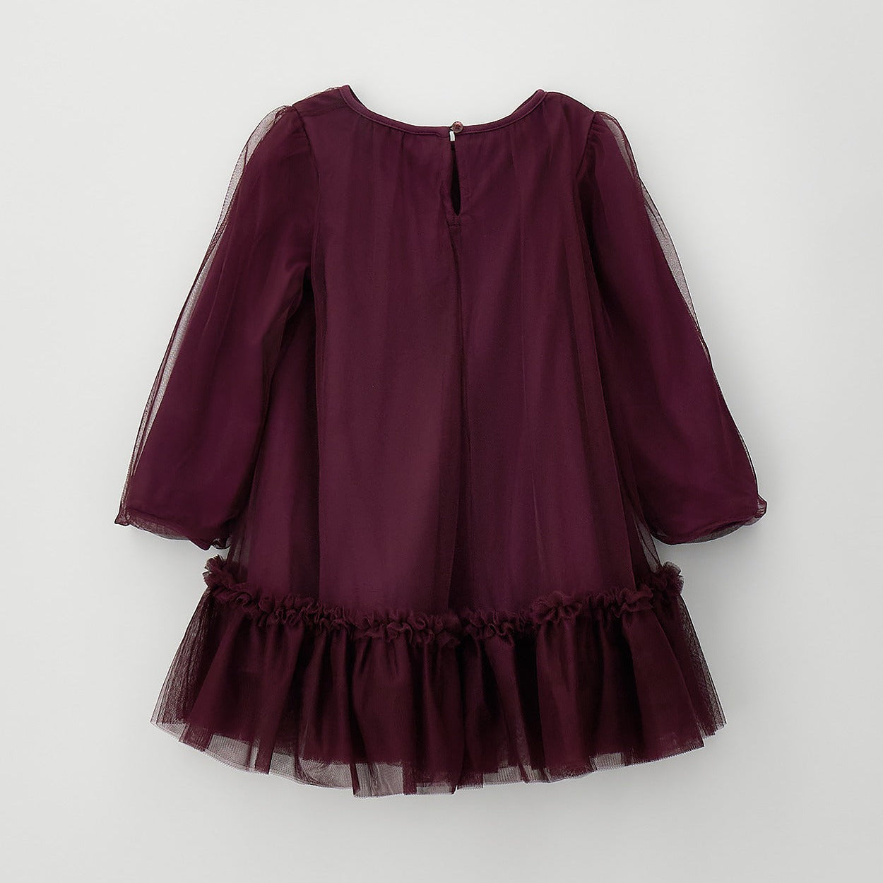Abito bimba bordeaux in tulle con maniche lunghe velate e balza arricciata