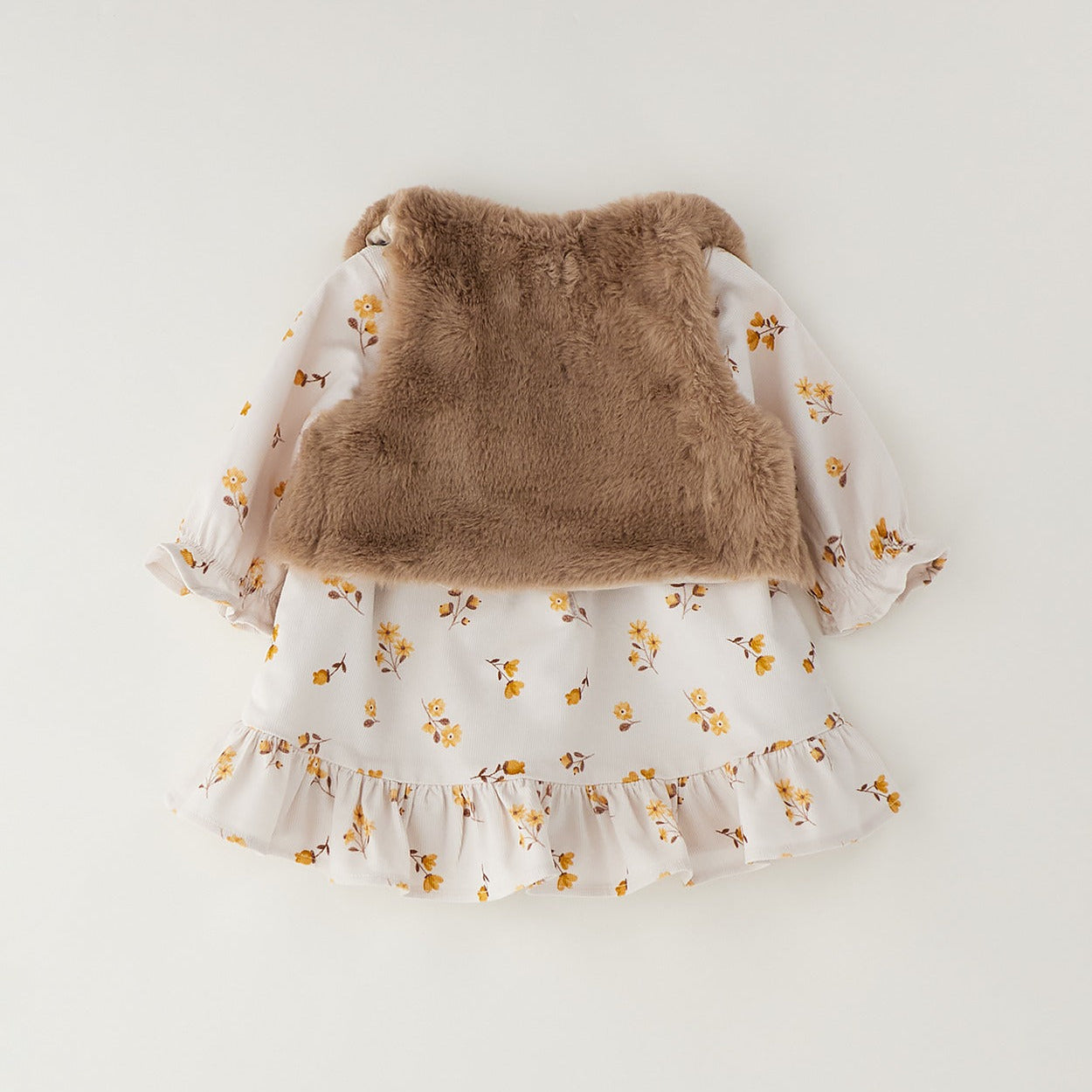 Abito bimba ecrù in cotone con fantasia floreale e gilet coordinato