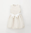 abito elegante bambina beige a righe con fiocco bianco