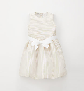 abito elegante bambina beige a righe con fiocco bianco