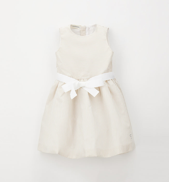 abito elegante bambina beige a righe con fiocco bianco