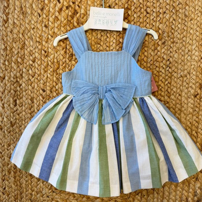 abito elegante bambina con fiocco azzurro e gonna a righe