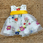 Abito elegante bambina bianco con fiori ricamati e cintura gialla con fiocco