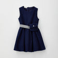 Abito bimba blu gessato con cintura argentata e taschina coordinata