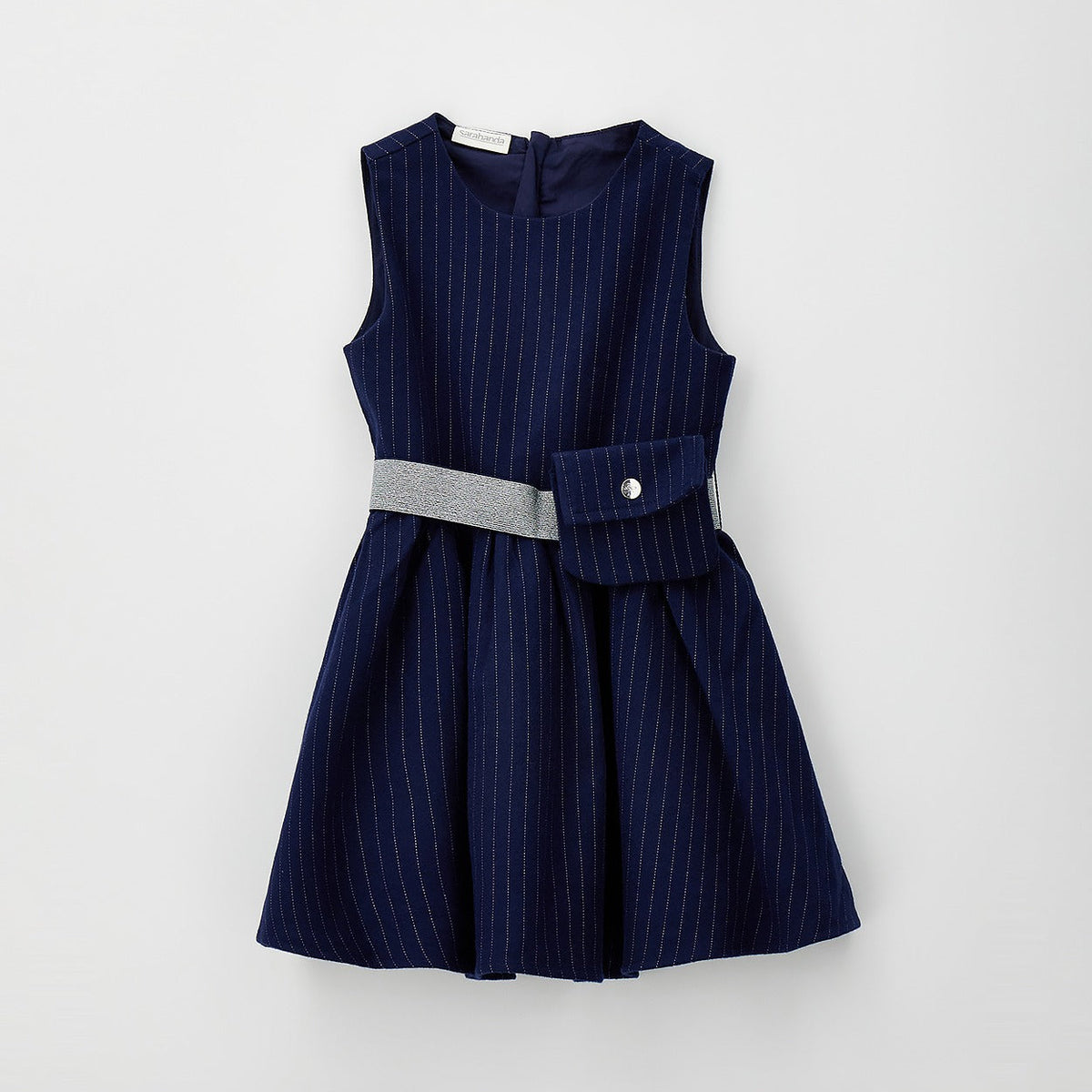 Abito bimba blu gessato con cintura argentata e taschina coordinata