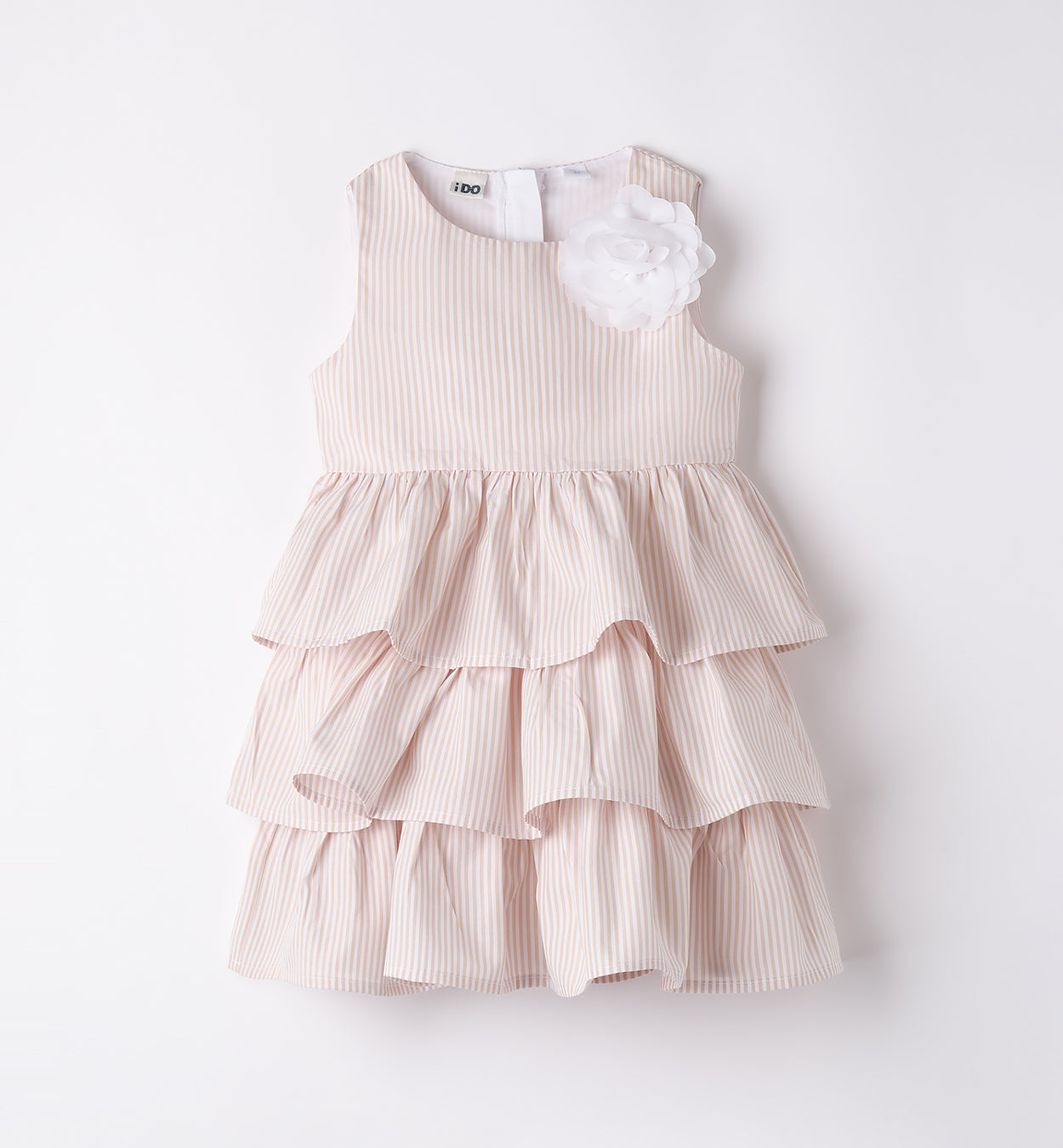 Abito bambina a righe beige con balze e fiore bianco