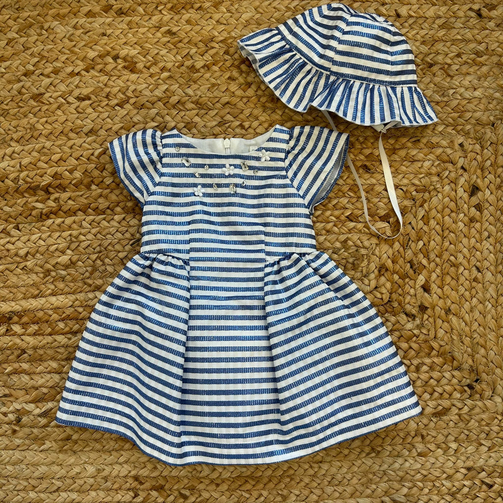 Abito bambina a righe blu con strass, ricami floreali e cappello estivo coordinato