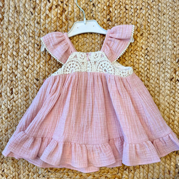 abito elegante bambina rosa con corpetto macramè