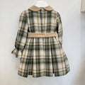 Abito bimba tartan verde e beige con colletto Peter Pan e fiocco laterale coordinato