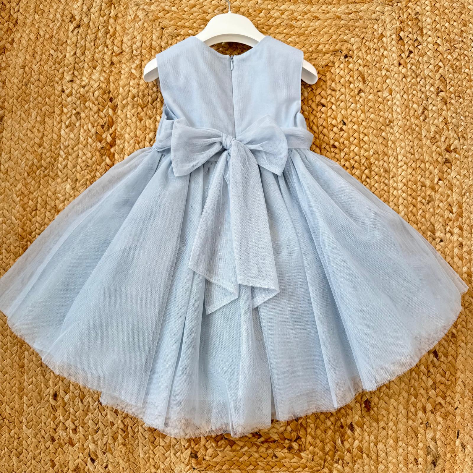 abito bambina tulle azzurro polvere vista frontale