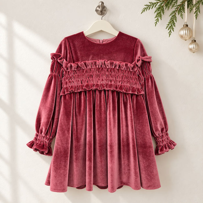 Abito bambina in velluto rosa antico con corpetto a punto smock e volant