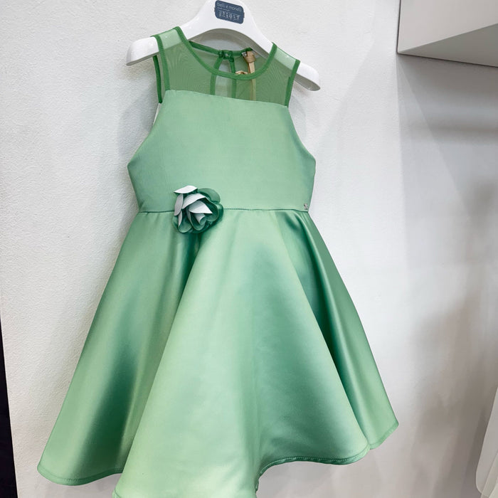 Abito bambina verde acqua in raso con fiore applicato
