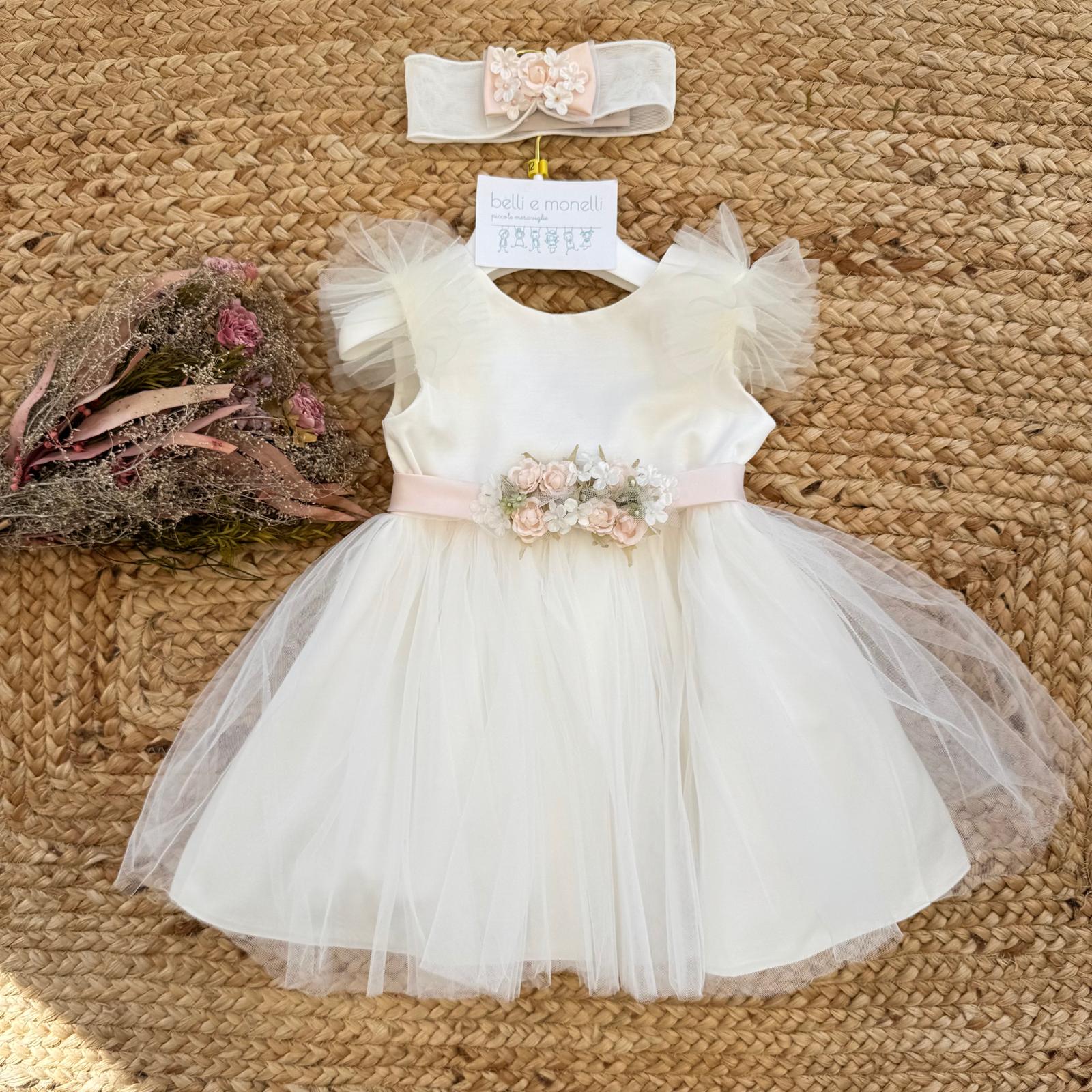 abito battesimo bimba avorio con cintura rosa cipria