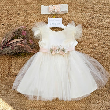 abito battesimo bimba avorio con cintura rosa cipria