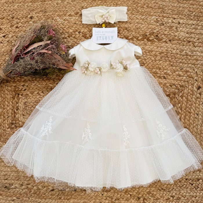 abito battesimo bimba avorio con tulle ricamato