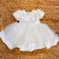Abito battesimo bimba bianco con maniche corte, fiocco glitter e gonna in tulle