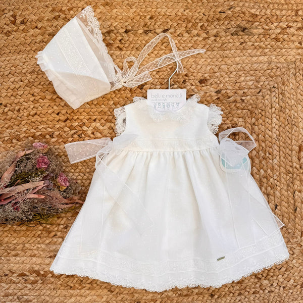 abito battesimo bimba con cuffia bianco in poliestere con pizzo e fiocchi laterali