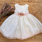 Abito battesimo bimba con fiori rosa e gonna ampia