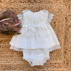 Abito battesimo bimba elegante in lino panna con pizzo e fiocchi Baby Lord
