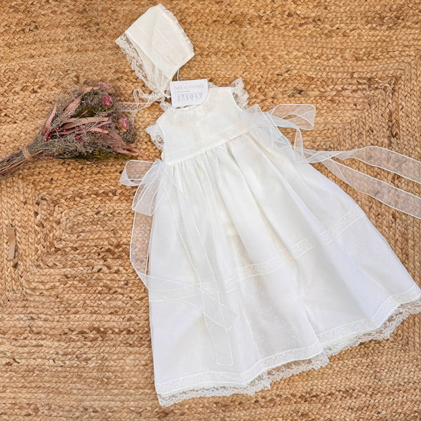 abito battesimo bimba lungo panna con cuffietta coordinata e nastri laterali