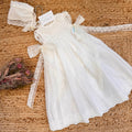 abito battesimo bimba lungo panna con smock pizzo e cuffietta coordinata