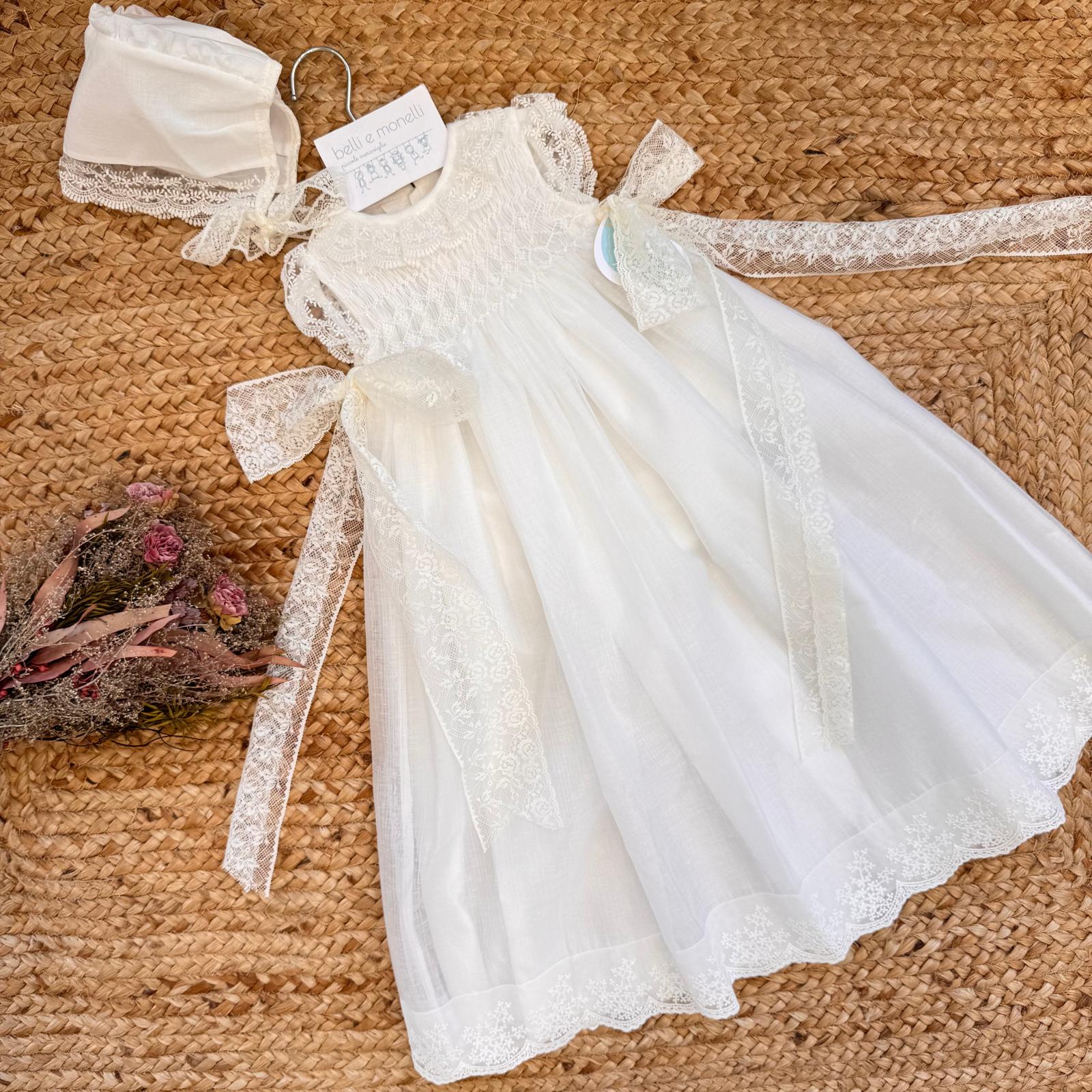 abito battesimo bimba lungo panna con smock pizzo e cuffietta coordinata