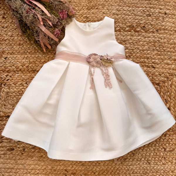Abito battesimo bambina mikado bianco con cintura cipria